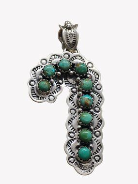 Unisex Handmade Southwest Sterling Silver Turquoise Candy Cane Pendant 2.5" Long